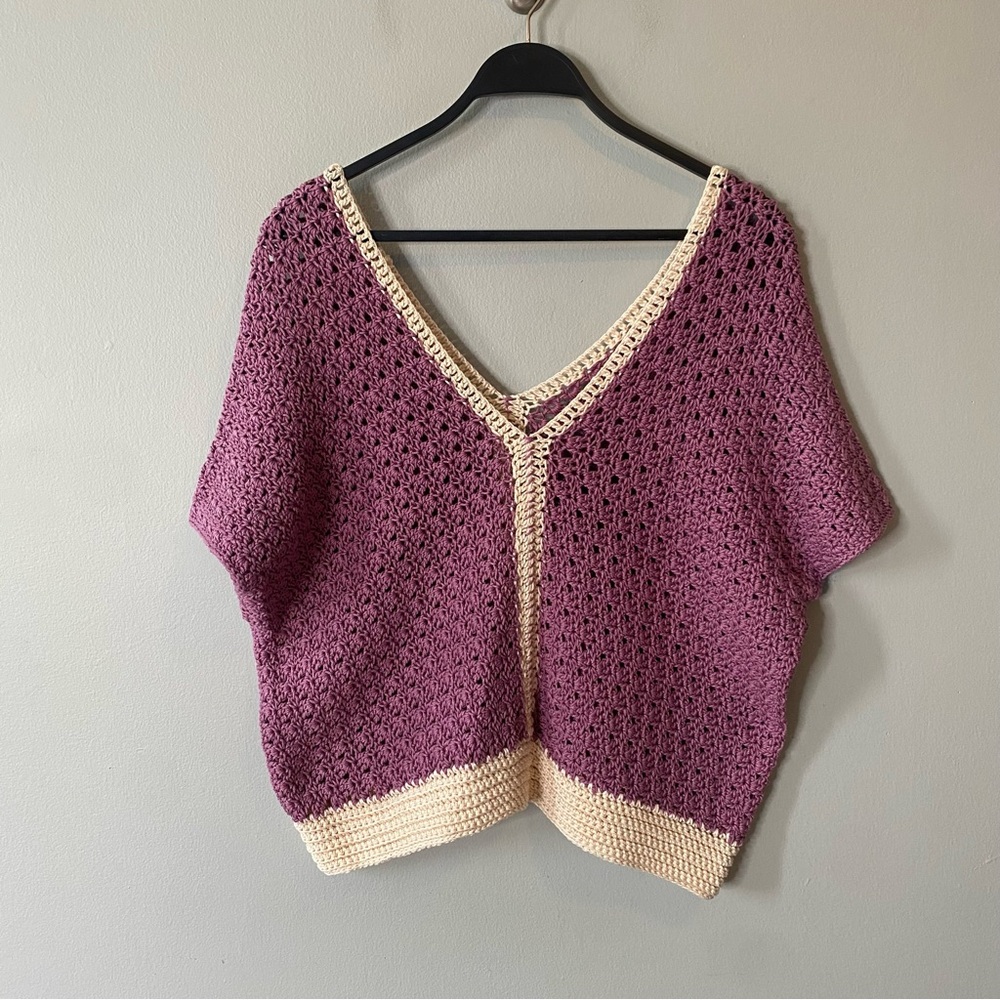 Hand Knit Crochet V-Neck Short Sleeve Top